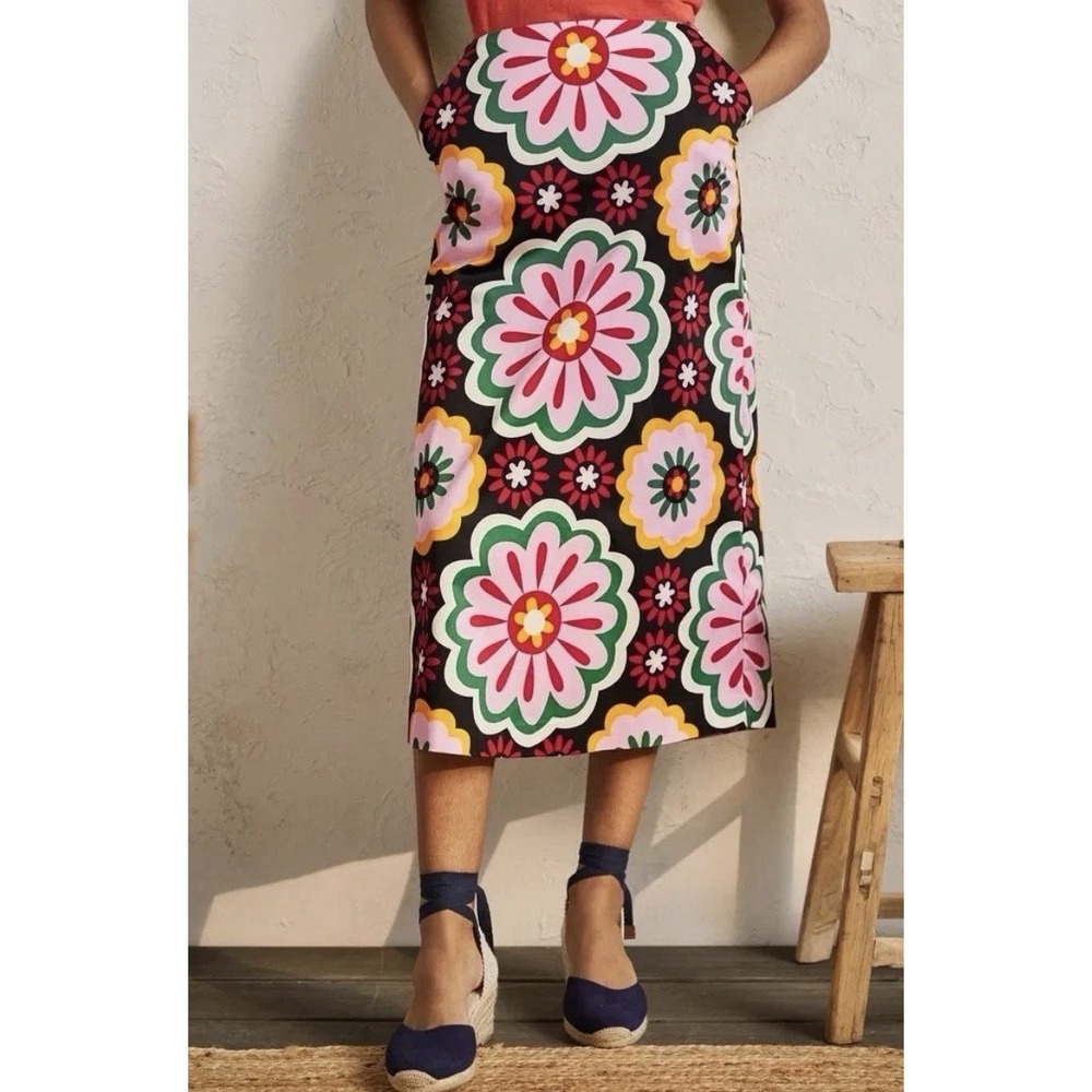 BODEN US 8 P 8P Floral Printed A-Line Midi Skirt Pockets Colorful Folksy *read*